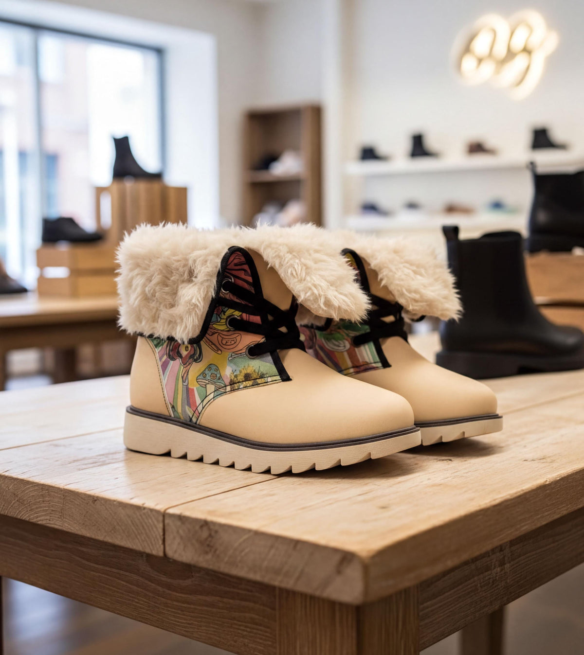 A pair of beige boots with fur trim and colorful floral patterns are displayed on a wooden table in a store.