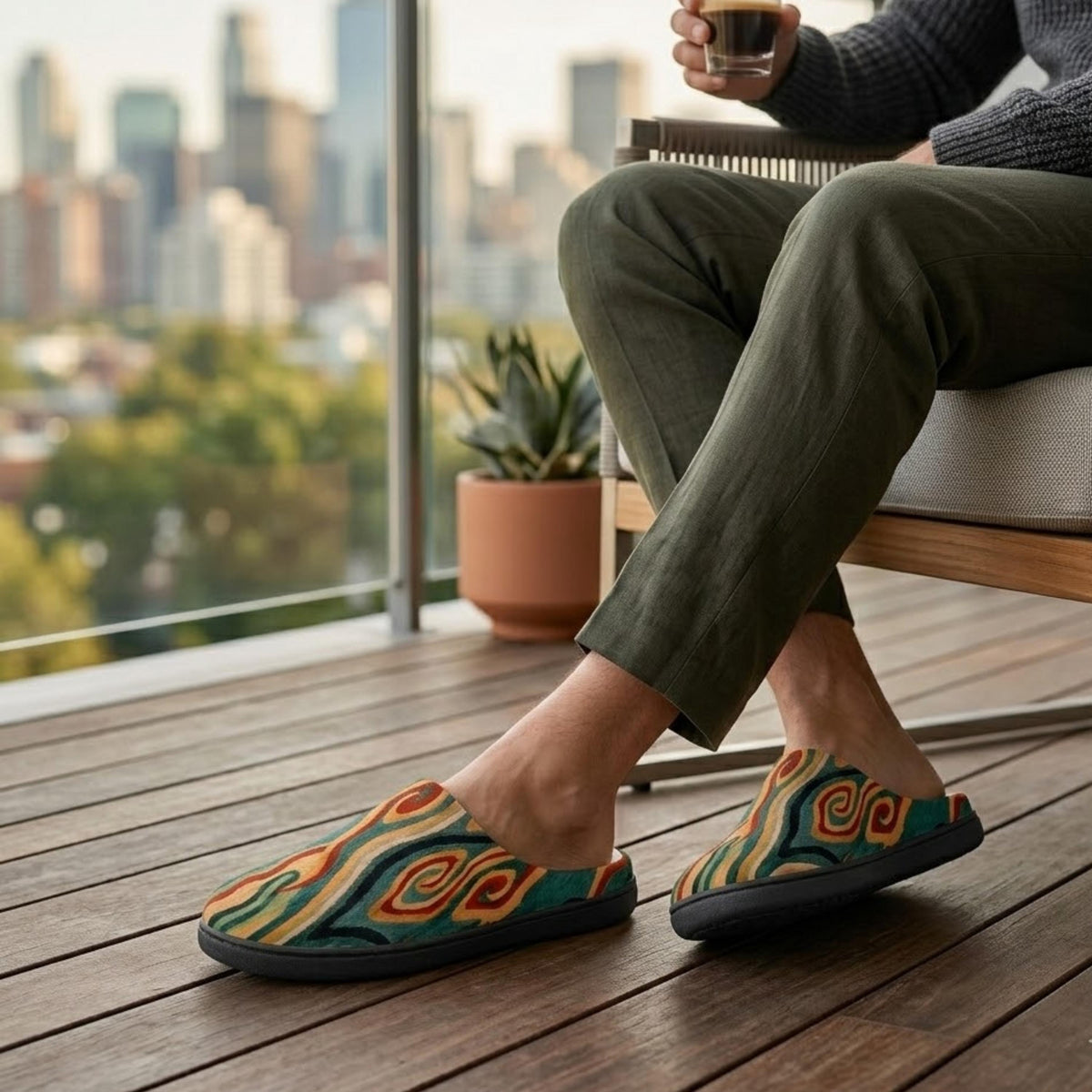 A person is sitting on a wooden deck, wearing colorful patterned slippers, and holding a drink.