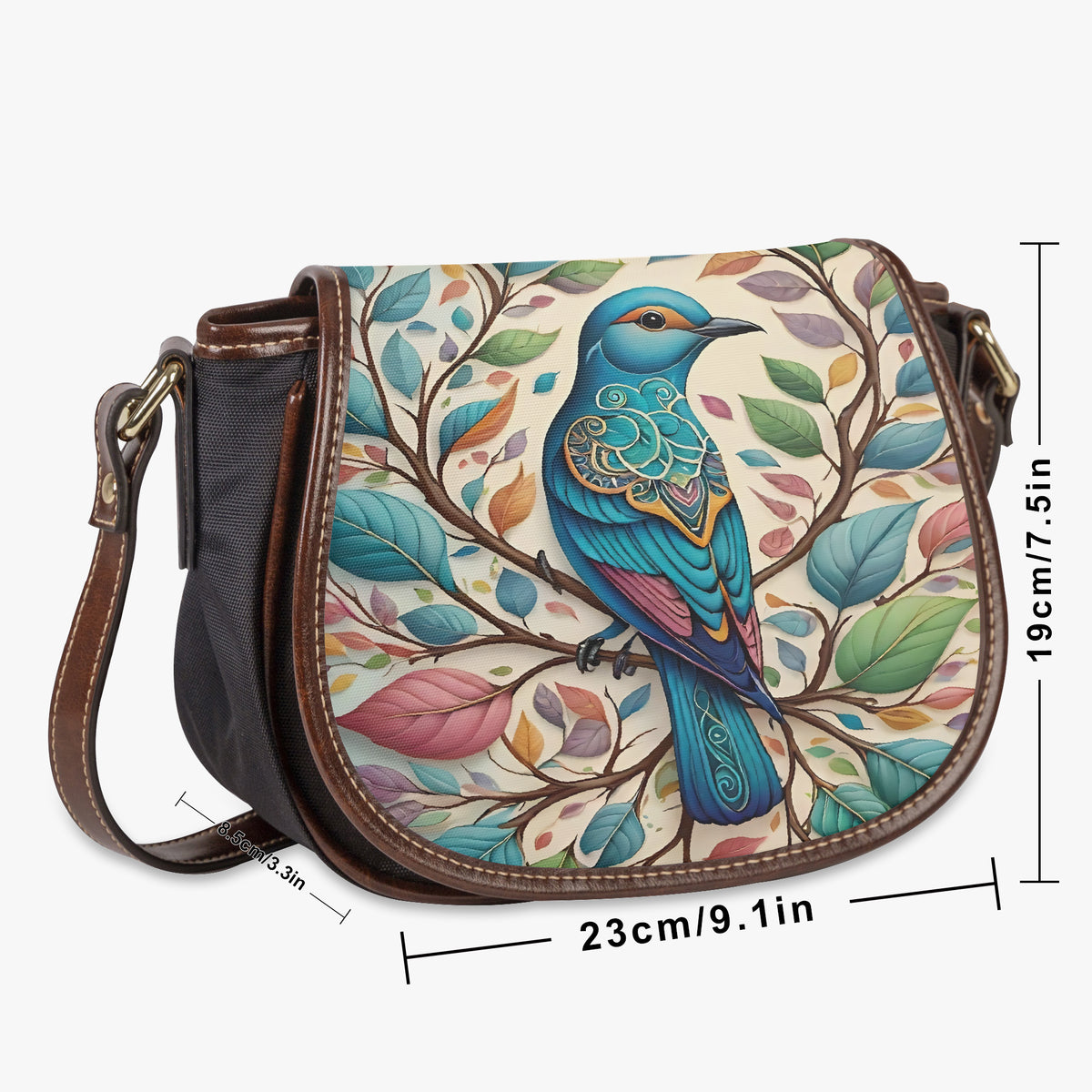 Bolso bandolera de lona con estampado de pájaros sobre fondo blanco con flechas de medida