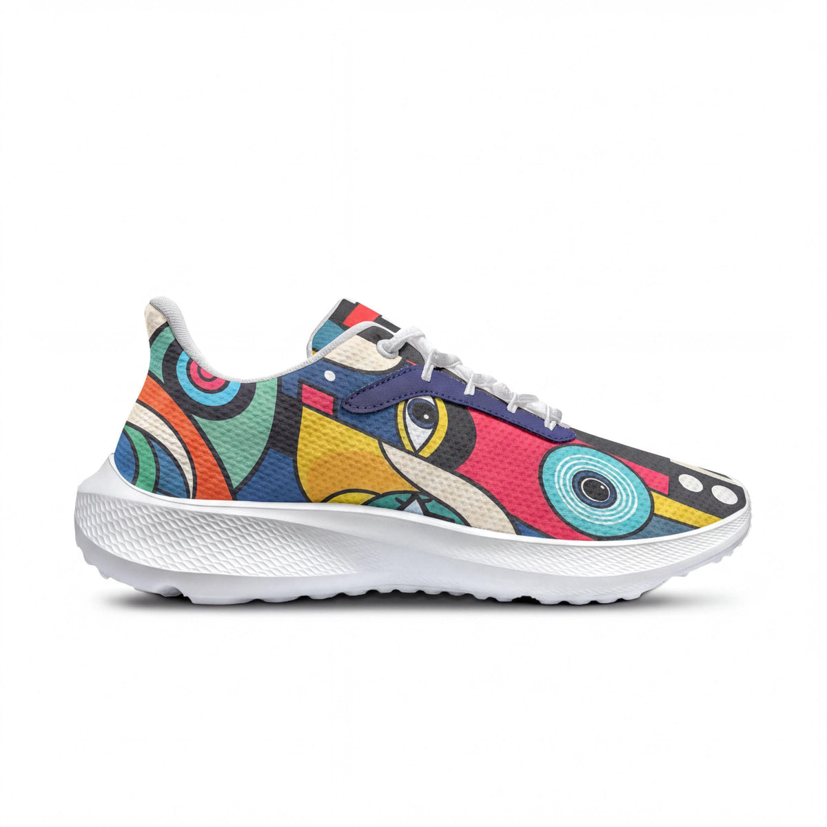 A colorful, abstract-patterned sneaker with a vibrant design.