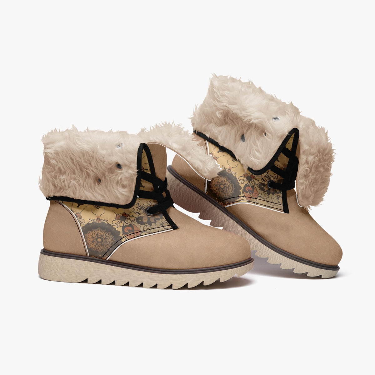 A pair of tan boots with fur trim and floral designs on the sides.