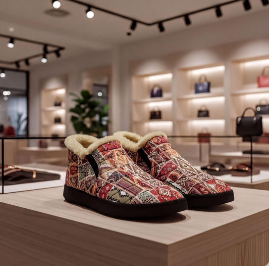 A pair of patterned, colorful shoes displayed on a wooden shelf in a store, with various handbags and accessories visible in the background.