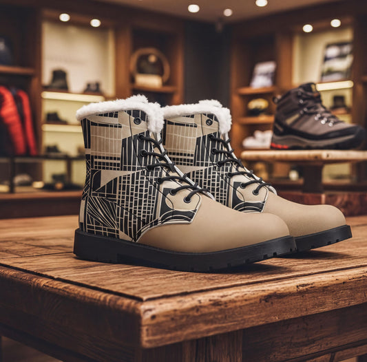 A pair of beige and black patterned boots with white fur lining, displayed on a wooden table in a store.