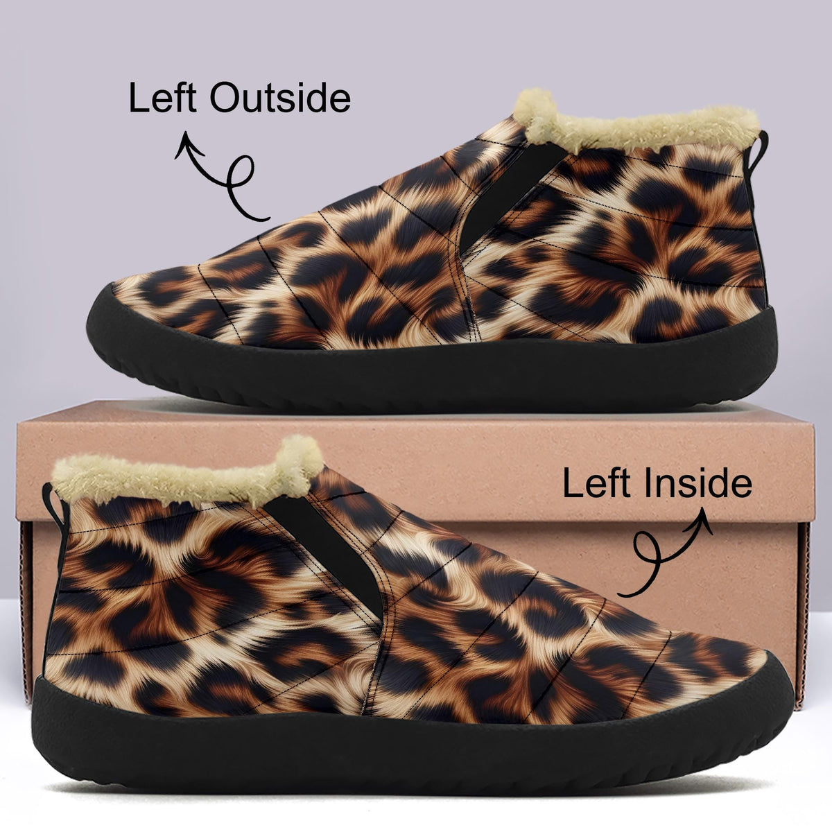 A pair of leopard print boots with fur trim, one on top of a box and the other on the side, with arrows pointing to the left side of the boots indicating which side is left inside.