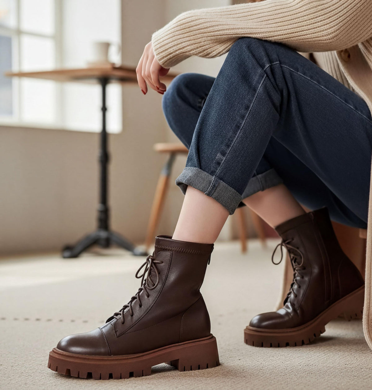 A person is sitting in a chair, wearing brown boots and jeans.