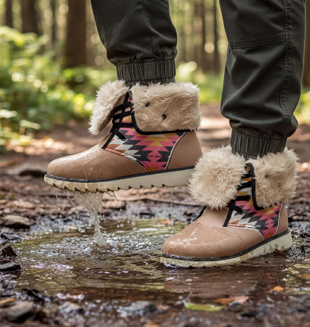 A person wearing tan boots with a colorful pattern is standing in a puddle of water, with their feet submerged in the water.