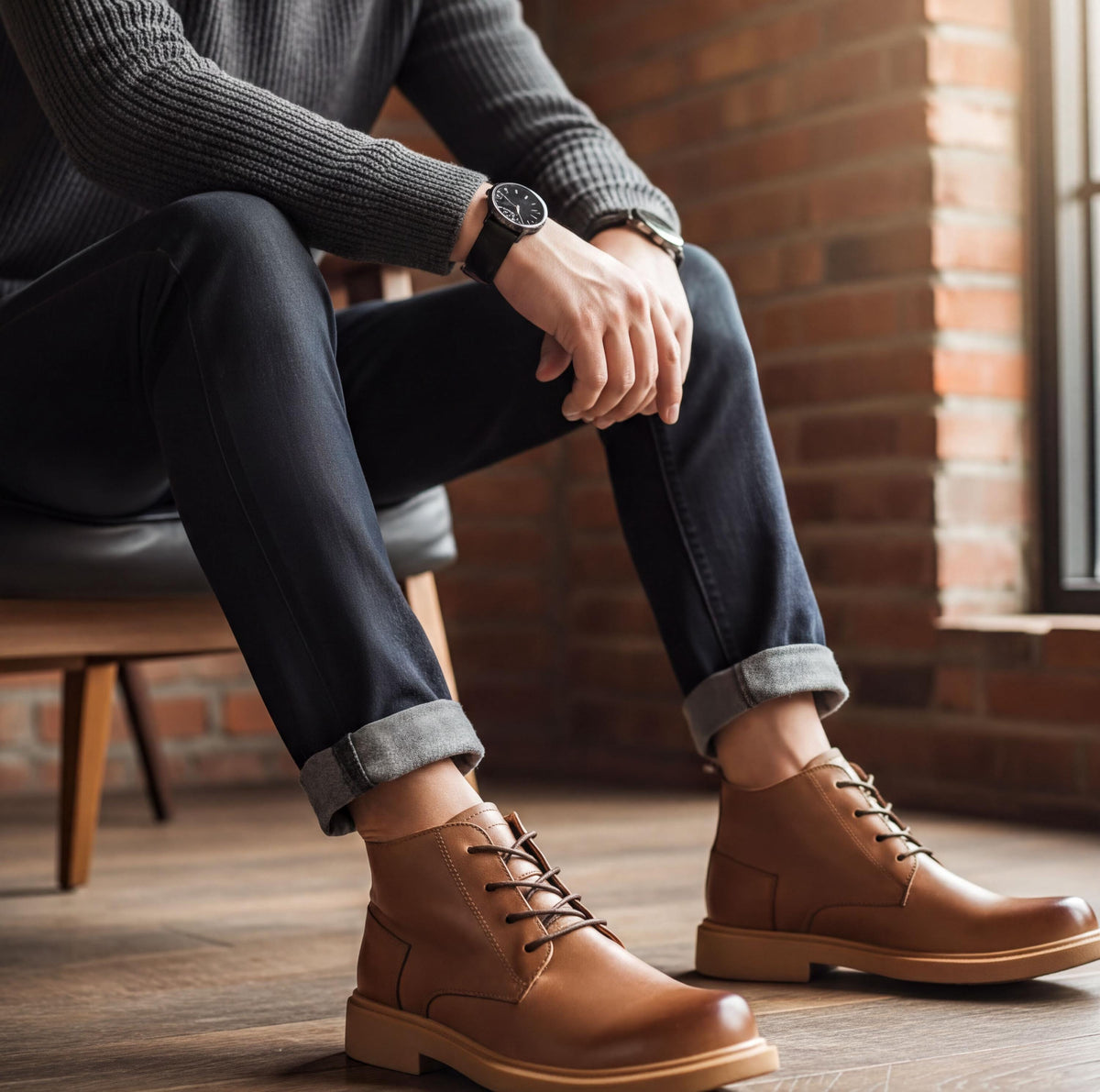 A person sitting on a chair, wearing a gray sweater, dark pants, and brown leather shoes, with a watch on their wrist.