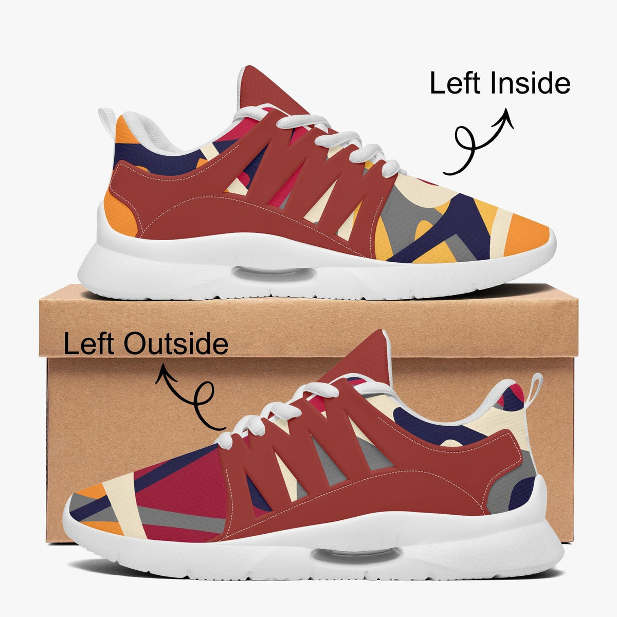 a pair of colorful sneakers with a patterned design, displayed on top of a cardboard box.