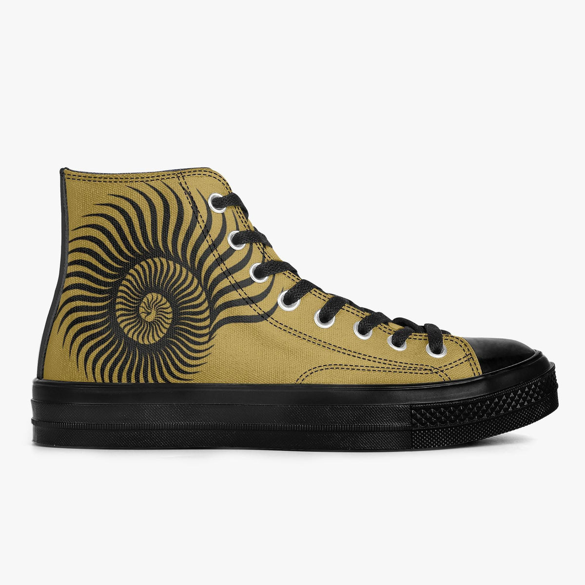 A pair of high-top sneakers with a black and gold design on the side.