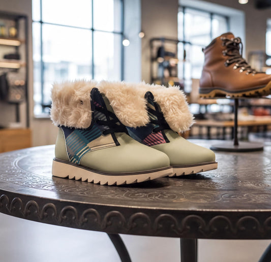 A pair of white fur-lined boots with colorful patterns on the sides are displayed on a table in a store.
