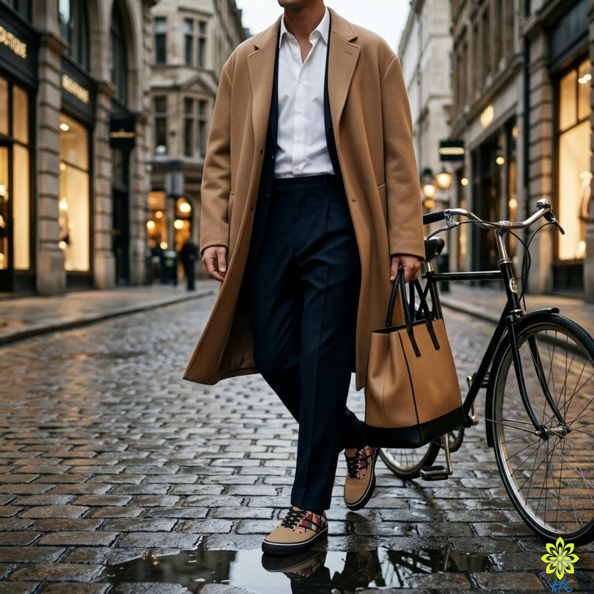 A man in a brown coat and dark pants walks down a cobblestone street, carrying a black bag and a bicycle.