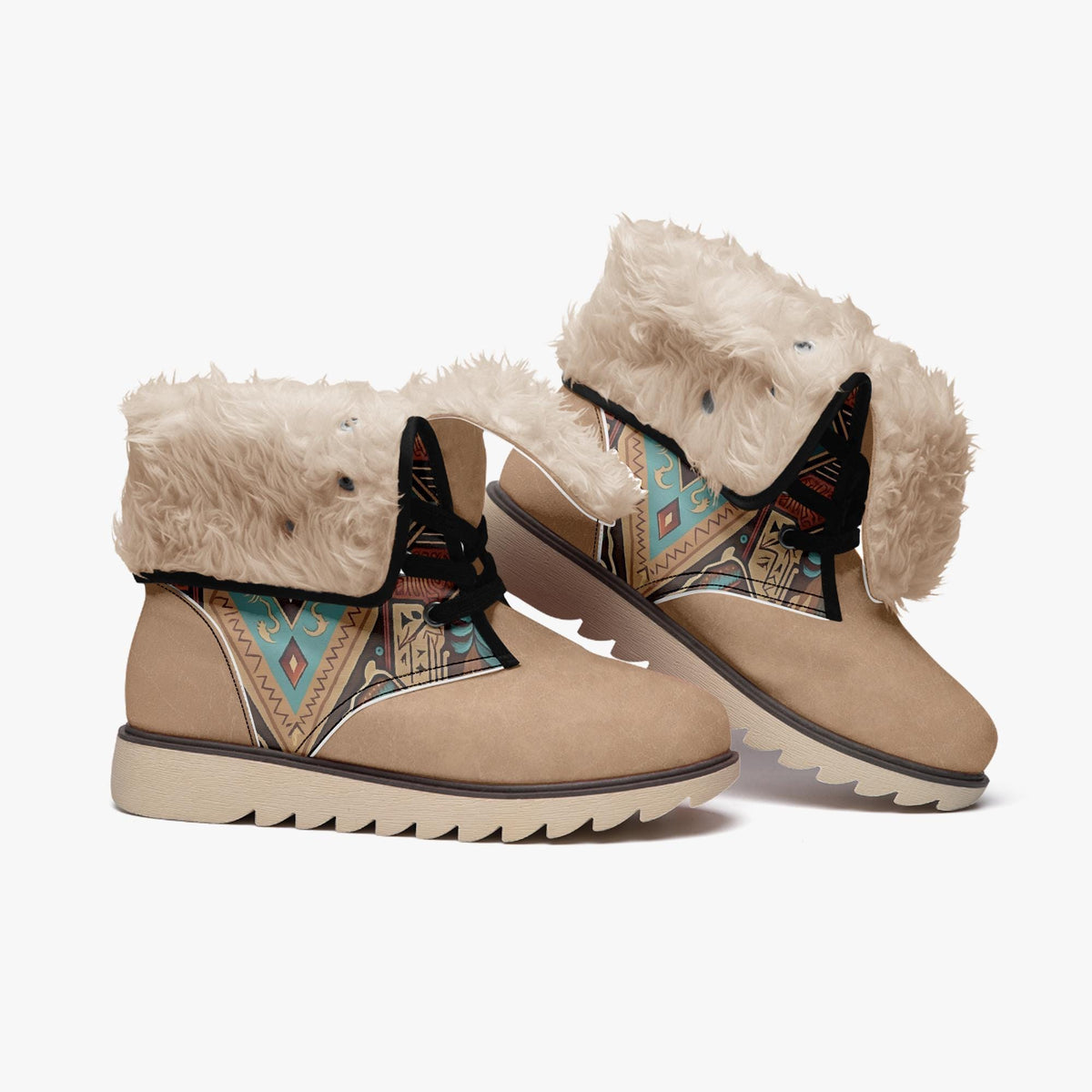 A pair of tan boots with fur trim and colorful geometric patterns on the sides.