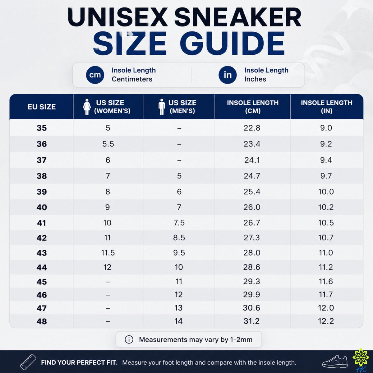 The image is a size guide for unisex sneakers, providing measurements for different insoles based on the wearer's foot length.