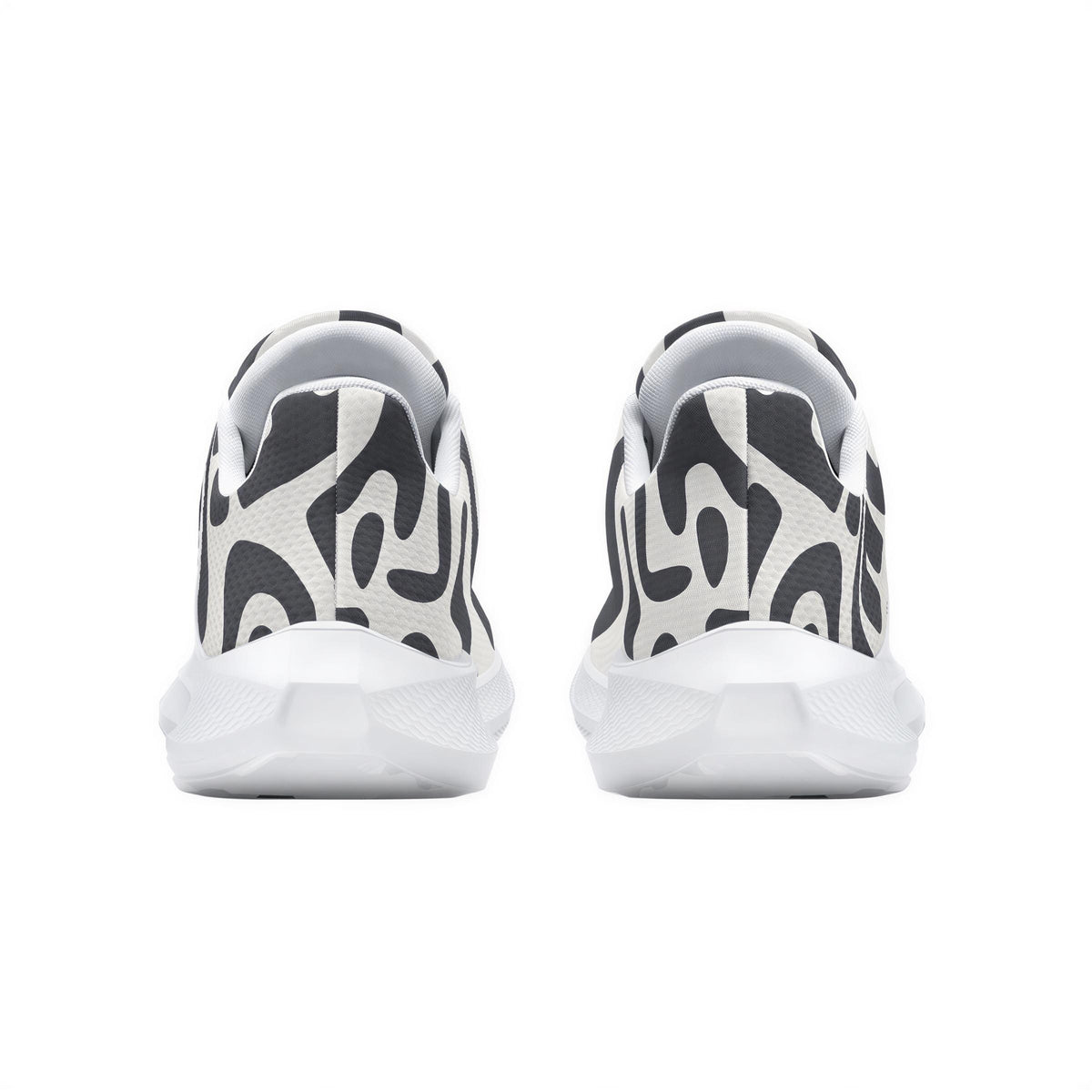 A pair of white and black sneakers with a unique, abstract pattern on the back.