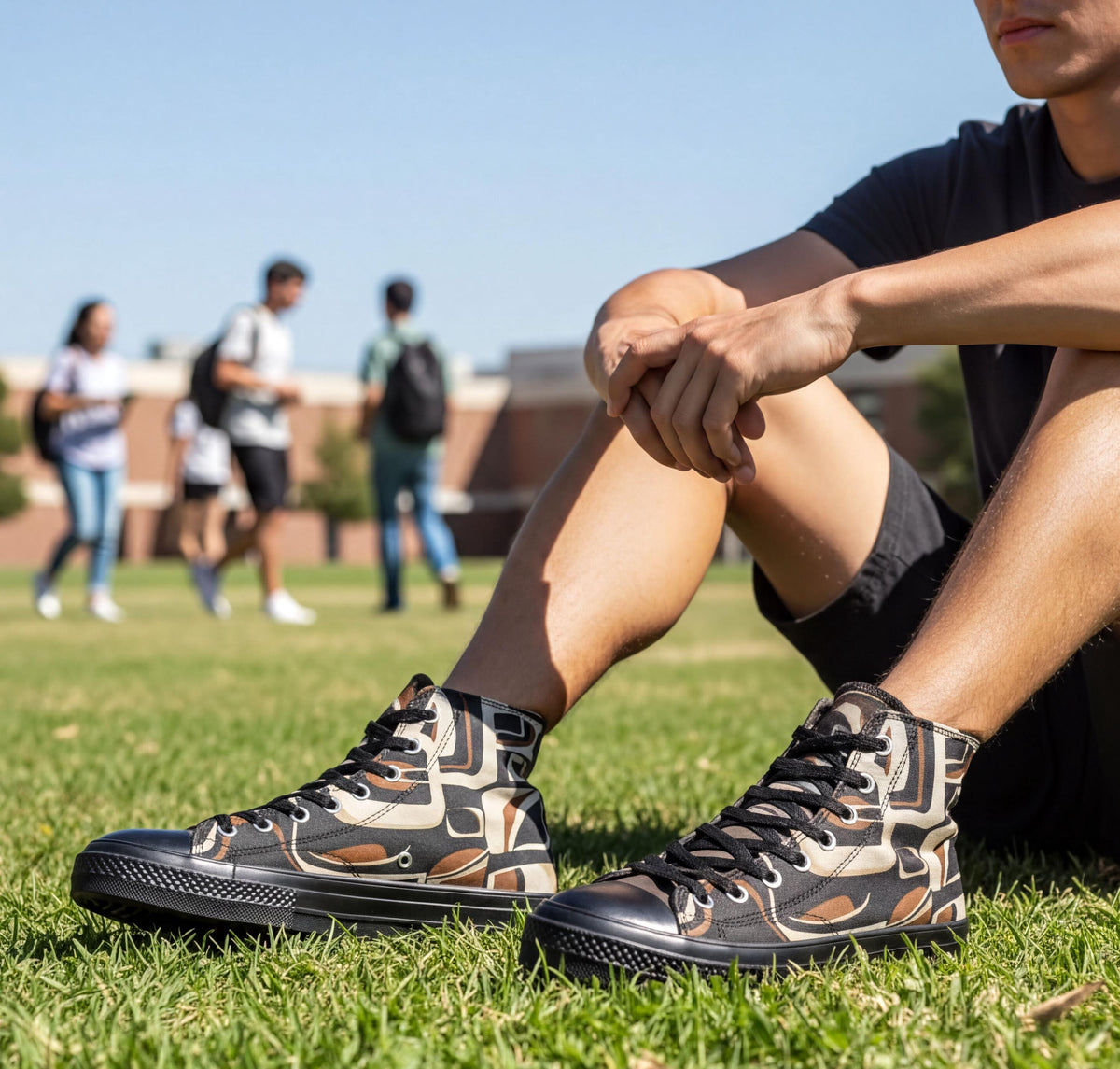 A person sitting on the grass wearing camouflage sneakers, with other people visible in the background.
