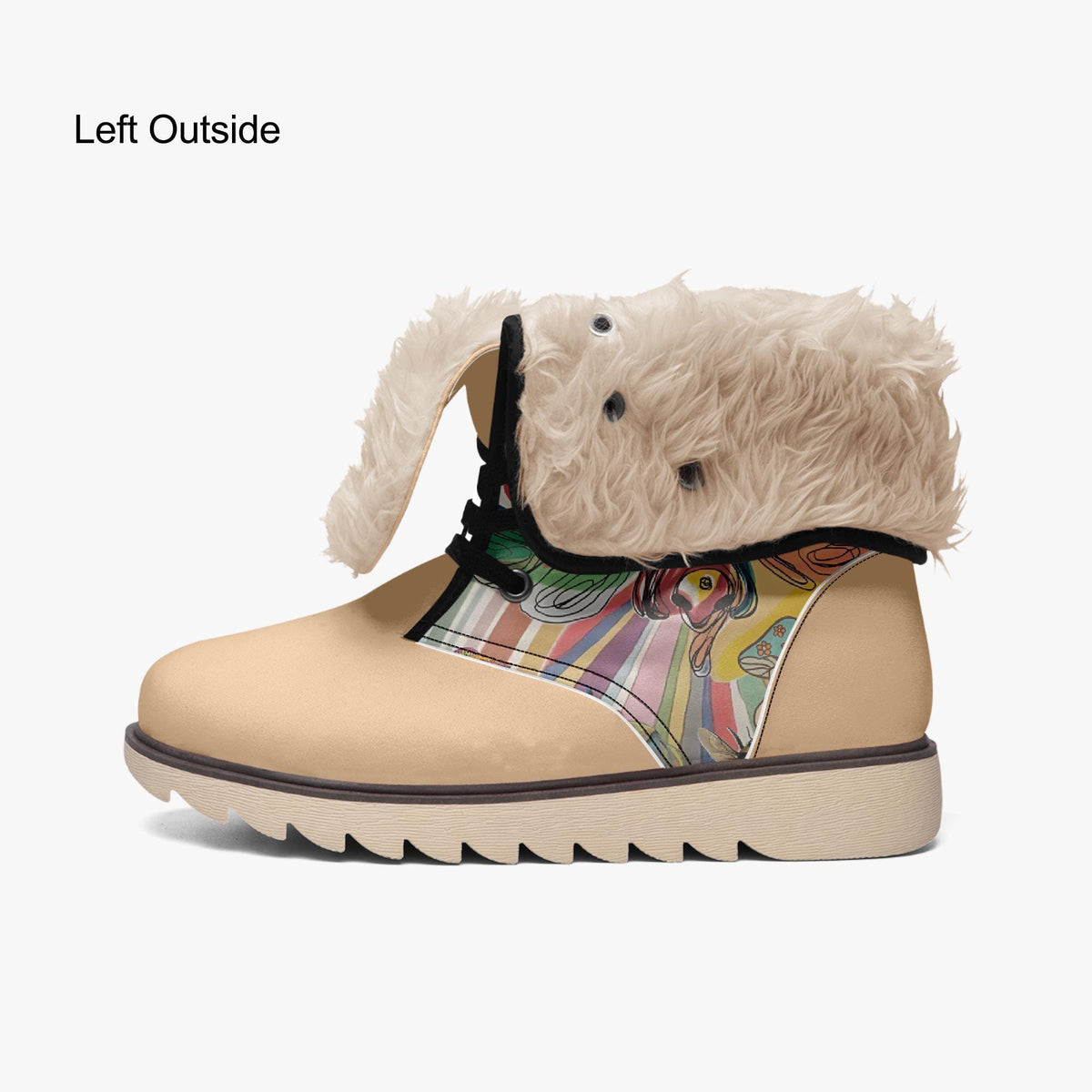 A pair of tan boots with a furry trim and colorful, abstract patterns on the side.