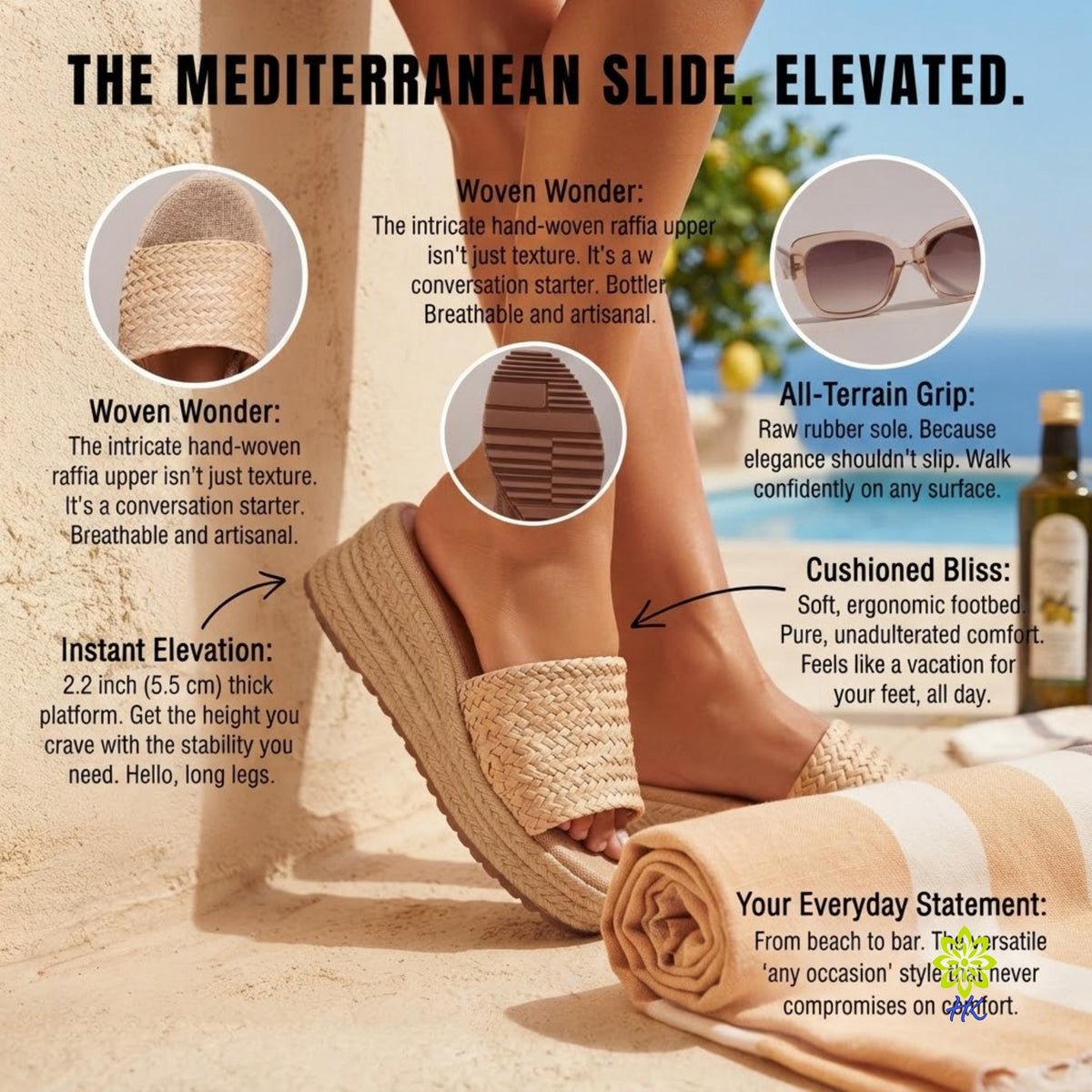 A beach-themed product infographic for the 'Mediterranean Slide' shoe platform. The image shows a person's feet wearing the slide on a sandy beach, with circular callouts highlighting features like the hand-woven upper, all-terrain grip, cushioned bliss sole, and instant elevation.