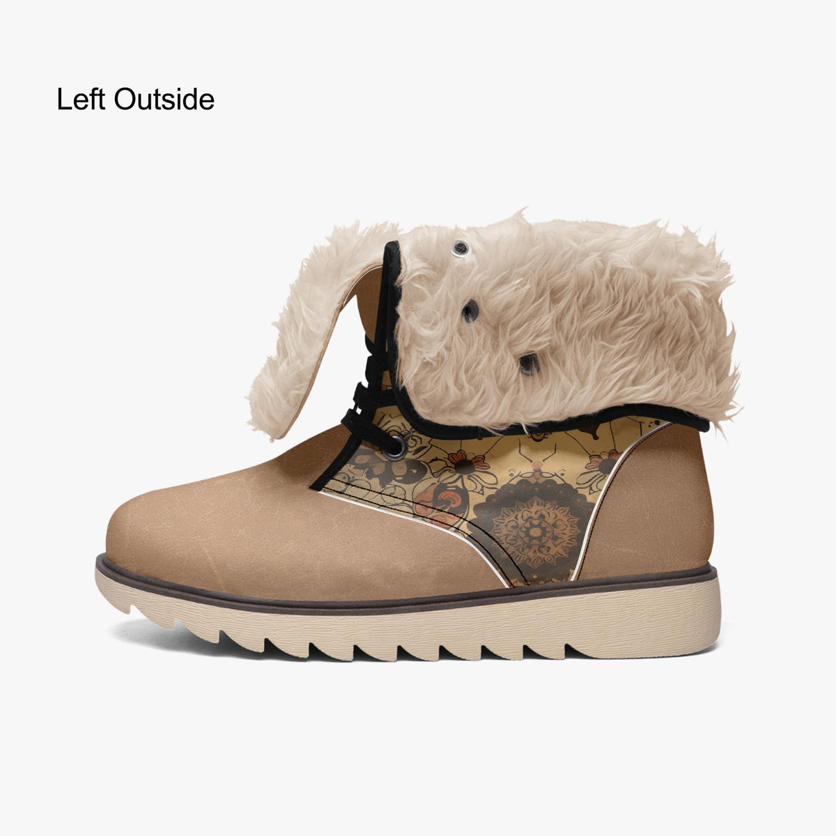 A tan-colored boot with a fur lining and a floral pattern on the side.