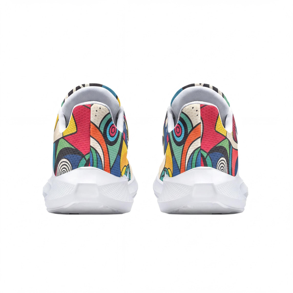 the back view of colorful, patterned sneakers with a vibrant, abstract design.