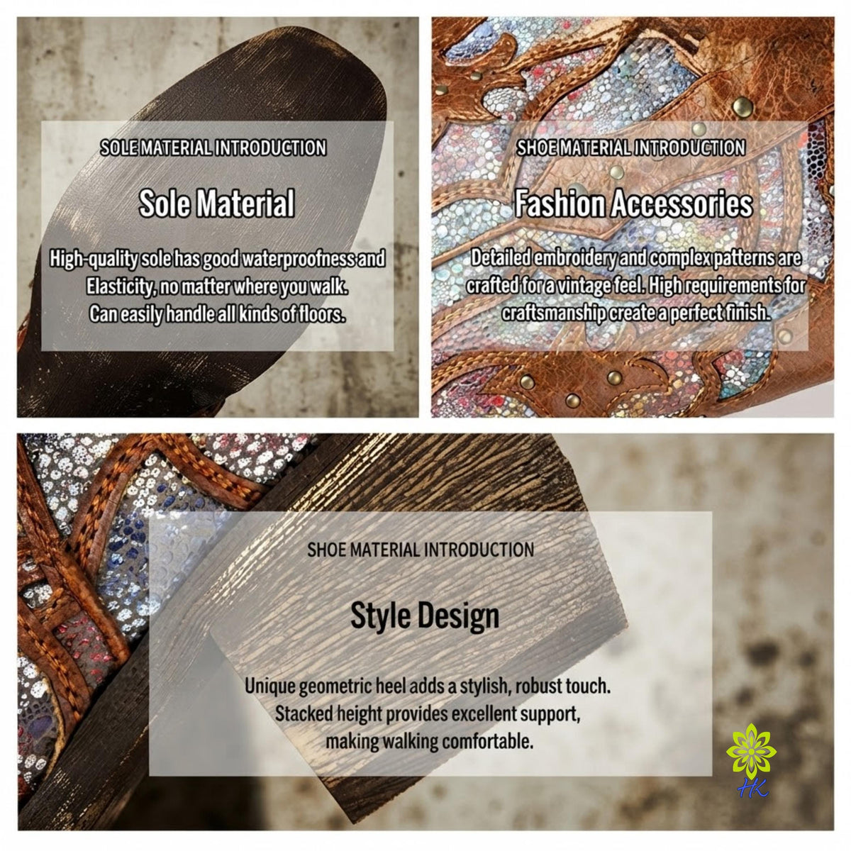 Collage showing the boot sole, embroidered upper and heel detail of the cowboy boots