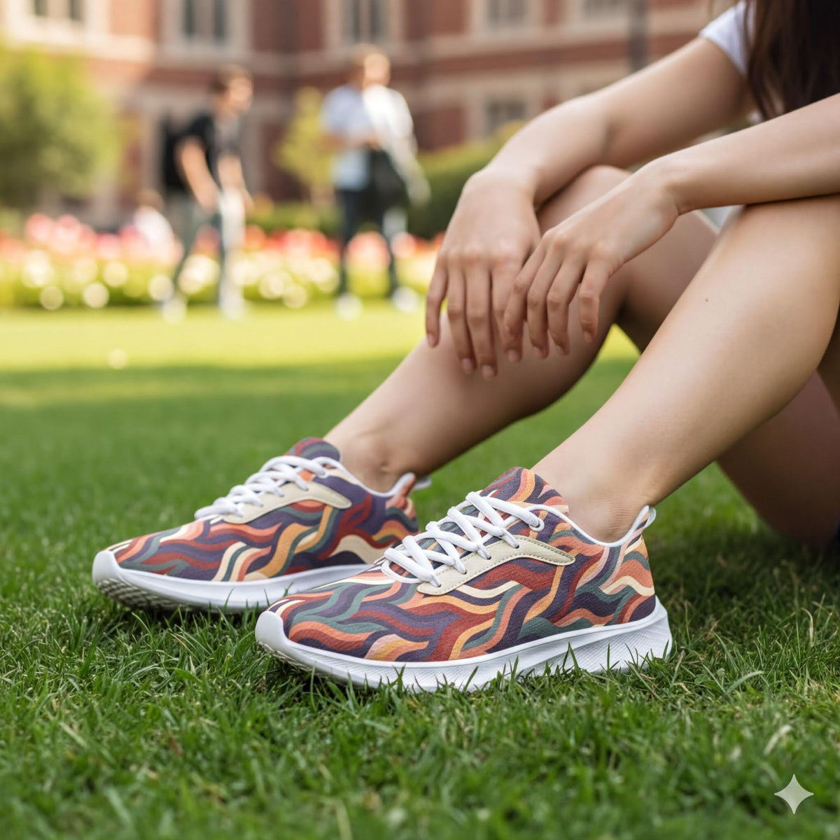 A person is sitting on the grass wearing colorful patterned sneakers.