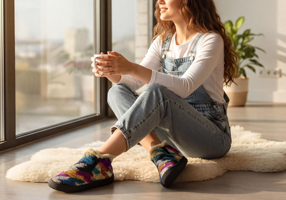 A woman sits on the floor, wearing a white shirt, denim overalls, and colorful patterned shoes, holding a cup and looking out a window.