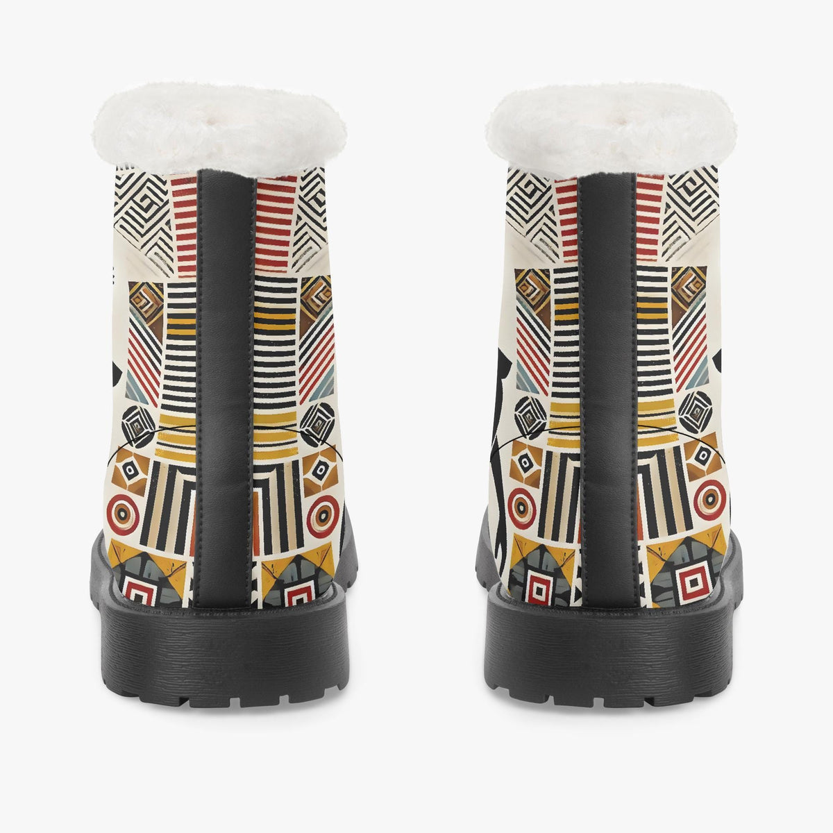a pair of colorful, patterned boots with a white fur lining.