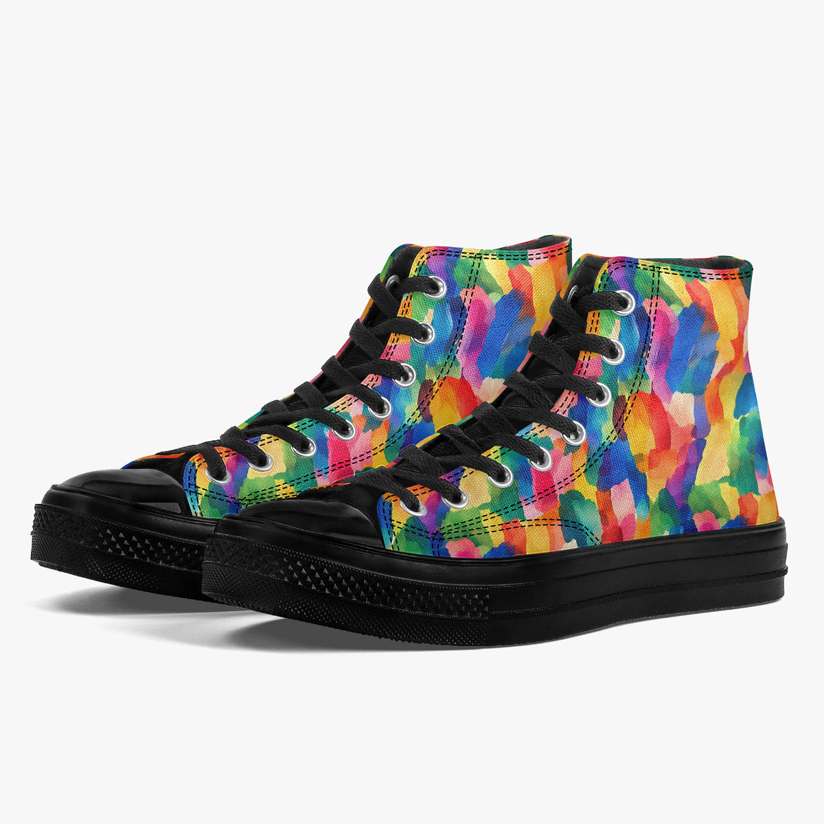 Paire de baskets montantes en biais sur fond blanc