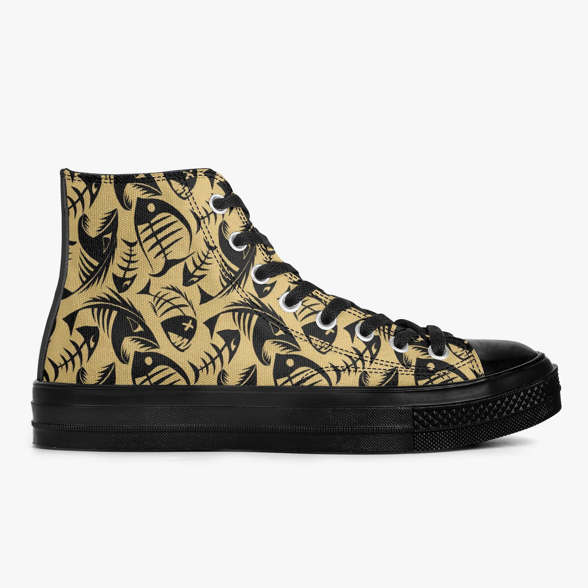 A pair of high-top sneakers with a black and gold fish print pattern on the side.