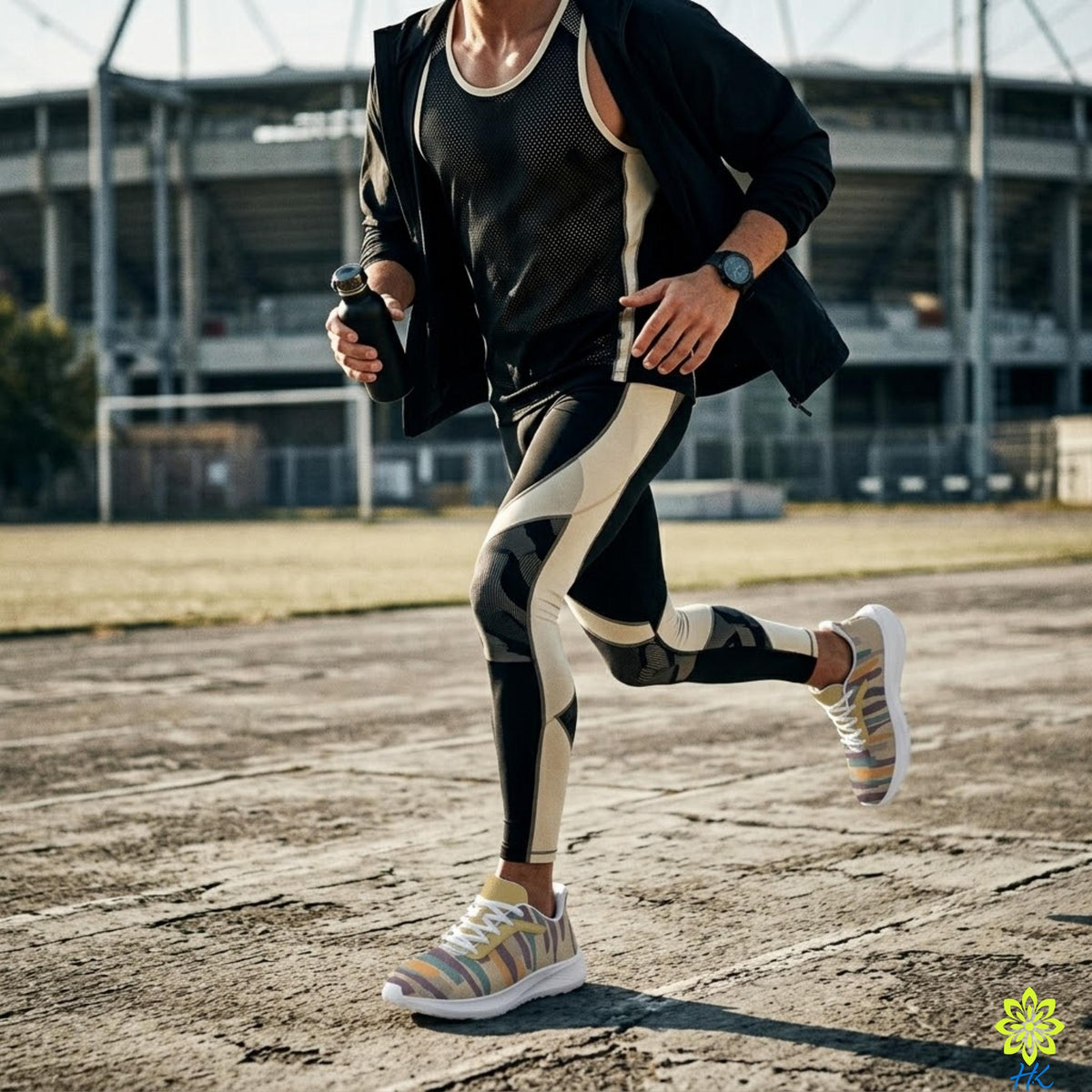 A person wearing athletic clothing and running shoes is captured in motion, running on a track or pavement.