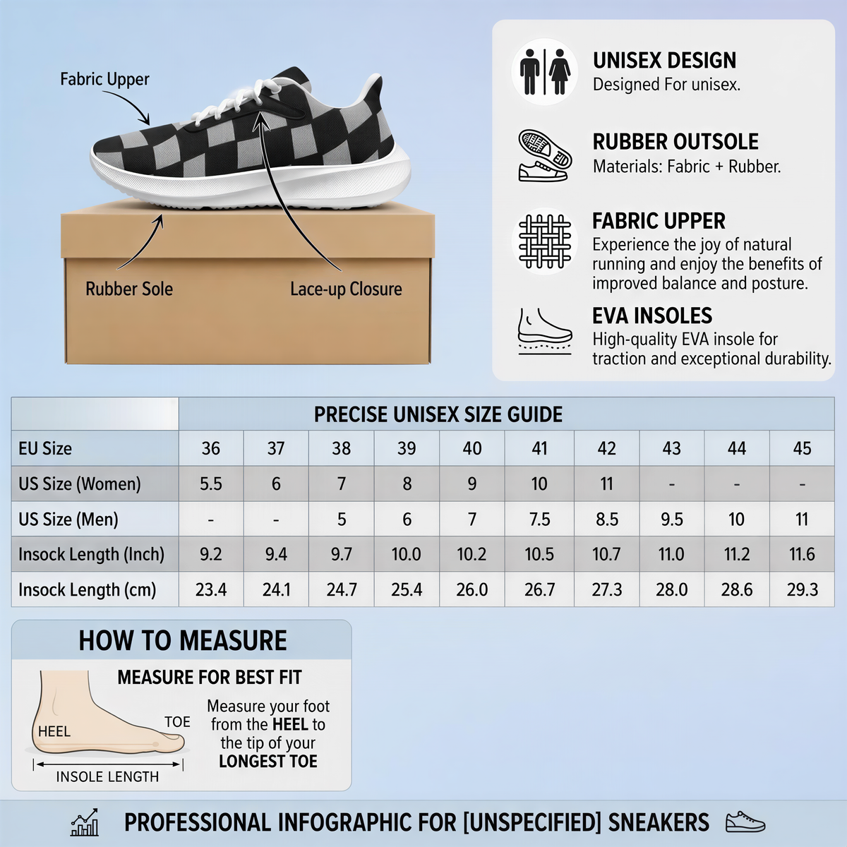 The image is a professional infographic for unspecific sneakers, providing precise measurements and details for various shoe sizes and features.