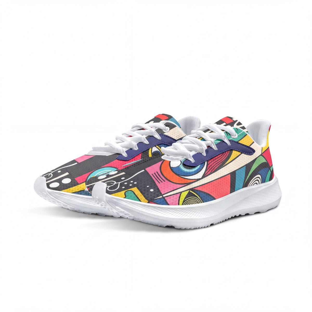 A pair of colorful, patterned sneakers with abstract designs on the soles and laces.