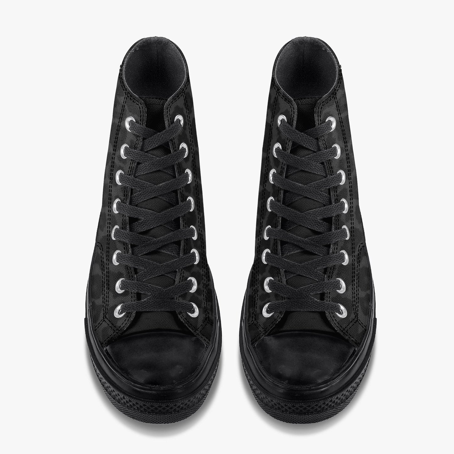 A pair of black high-top sneakers with white laces.