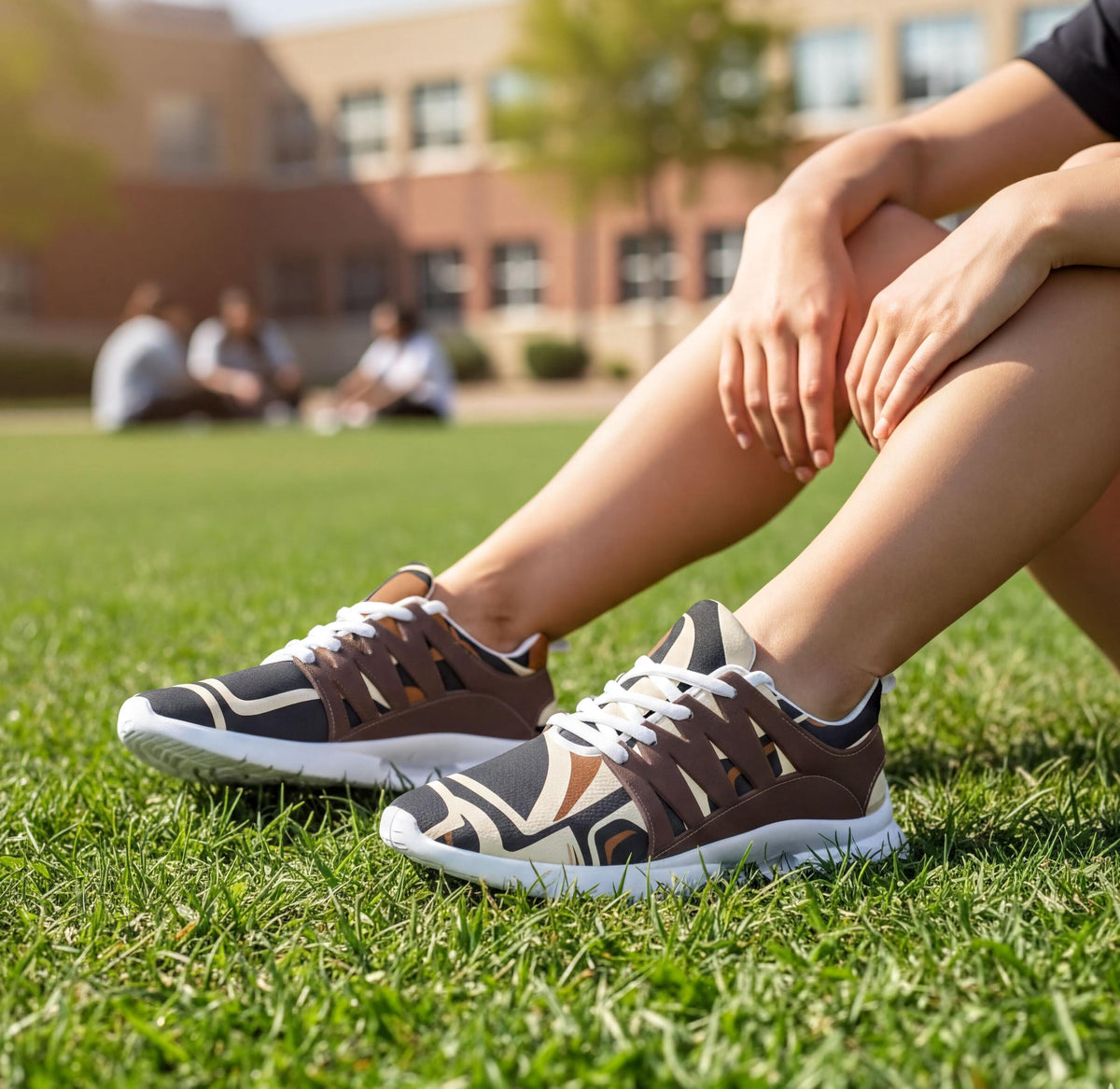 A person's legs and feet wearing brown and white patterned sneakers are shown sitting on the grass, with a blurred background of people and a building.