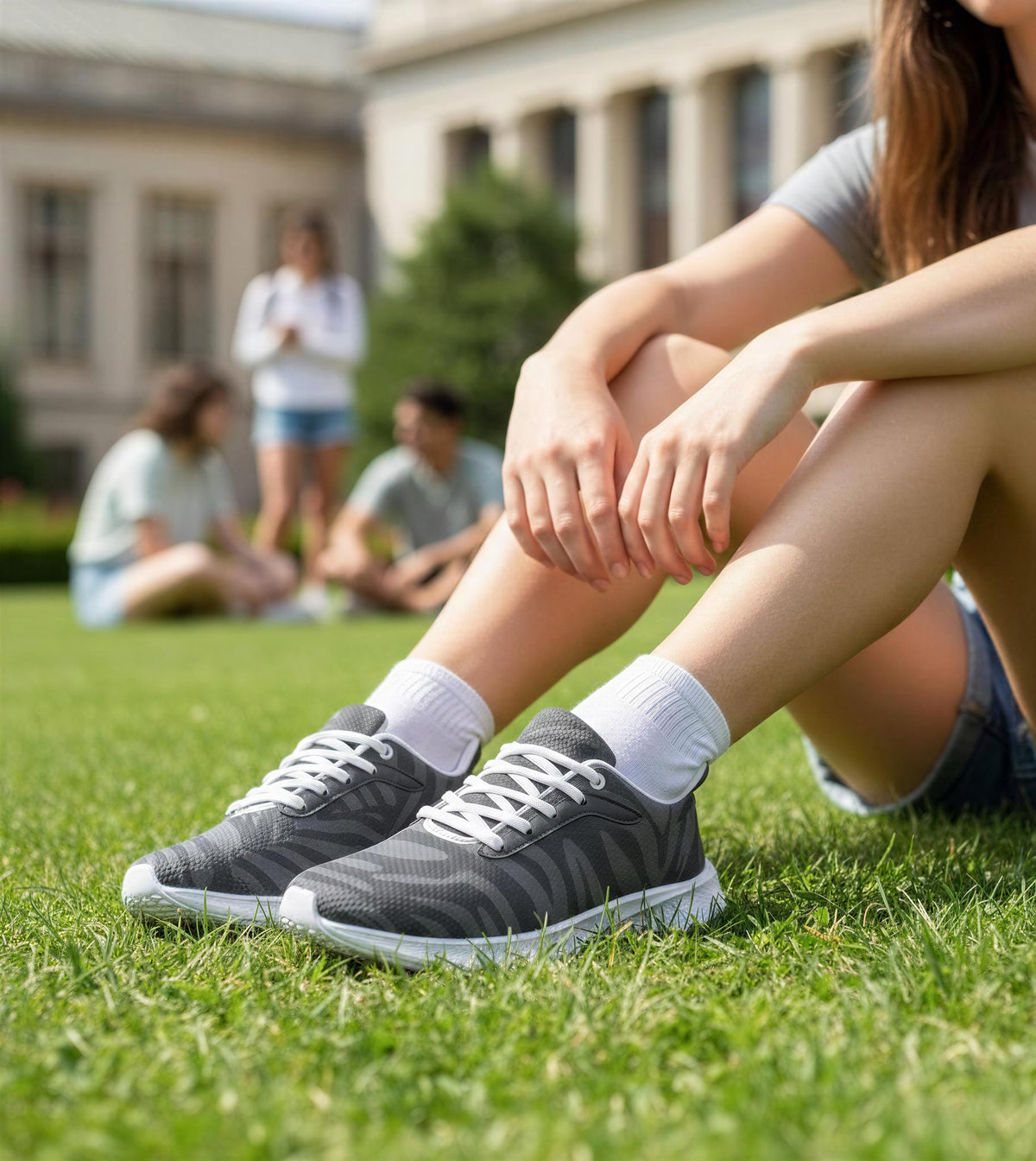A person sitting on the grass wearing gray sneakers and white socks, with their legs crossed.