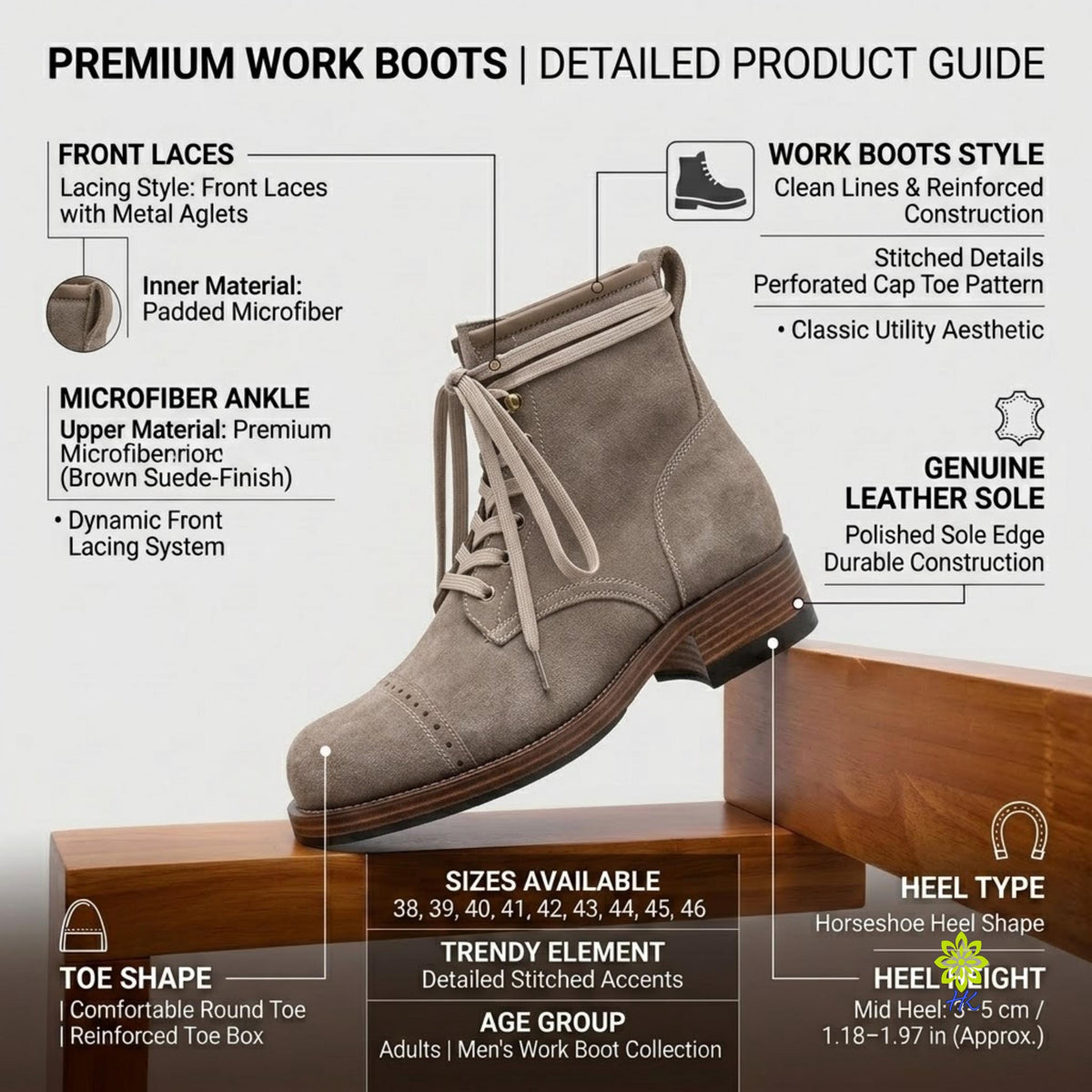 A product information graphic for premium work boots, featuring a taupe suede ankle boot on a wooden surface with callout lines and text detailing features such as front laces, microfiber ankle, leather sole, heel type, and sizing.
