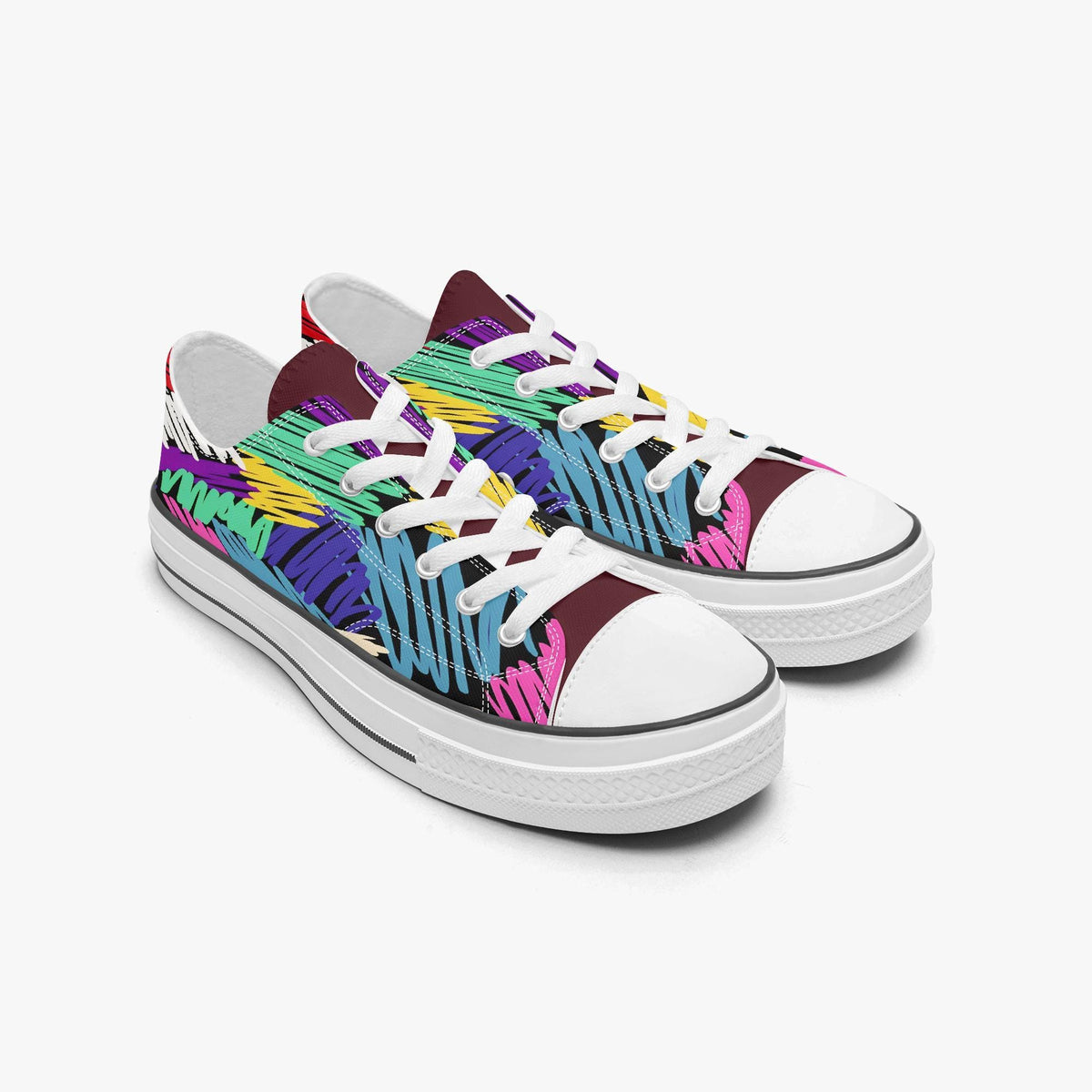 A pair of colorful, patterned sneakers with a vibrant design on the side.