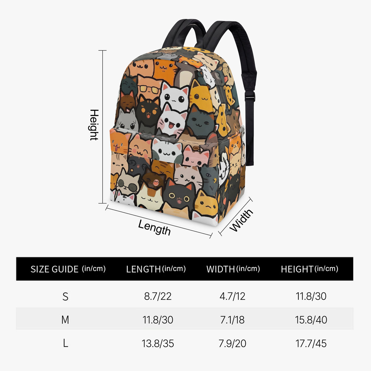 Cat print backpack in three-quarter view on a white background