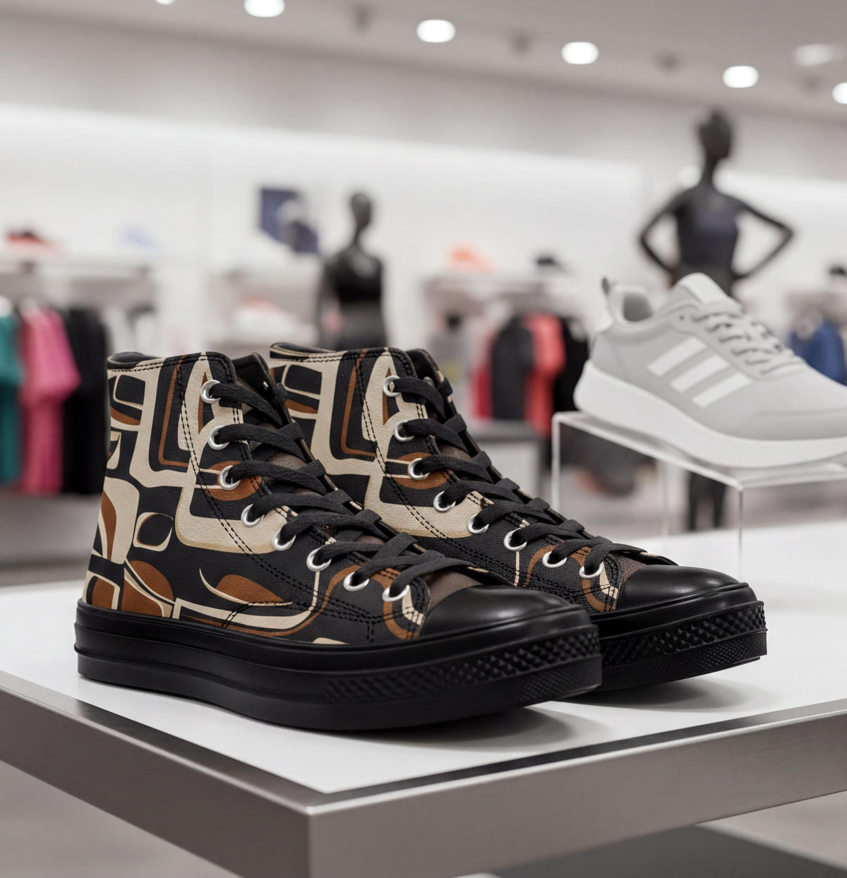 A pair of high-top sneakers with a distinctive pattern on the side, displayed on a store shelf in a retail setting.