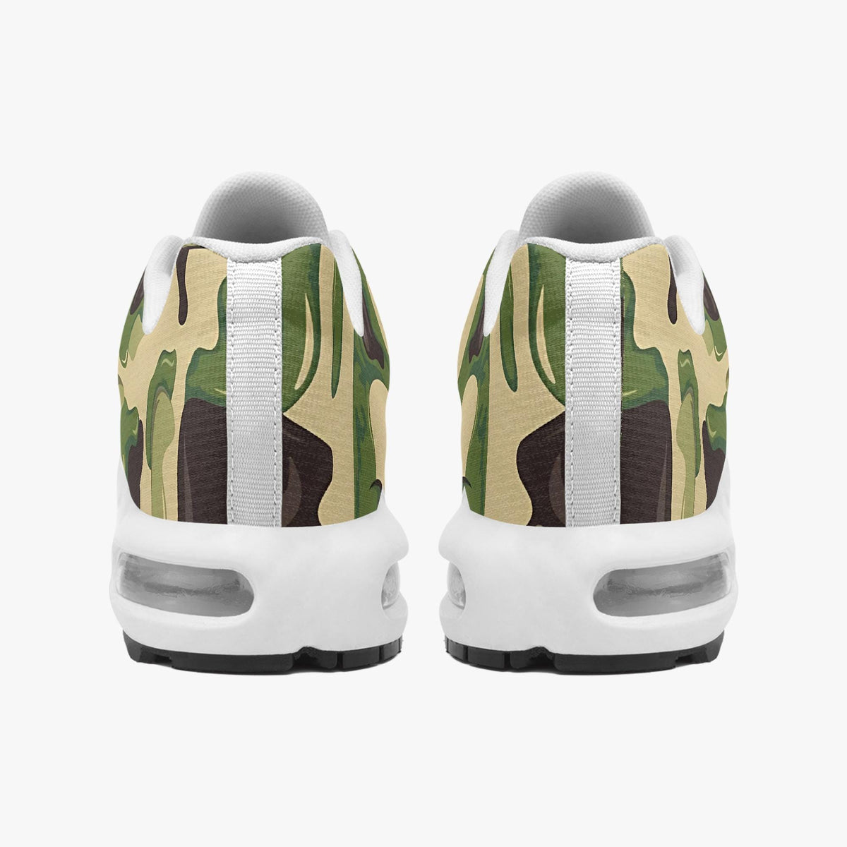 A pair of white sneakers with a camouflage pattern on the back.