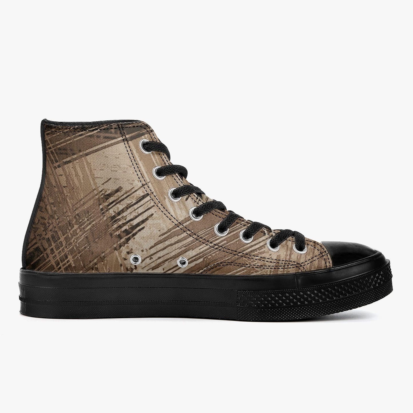 A high-top sneaker with a black and brown patterned sole and laces.