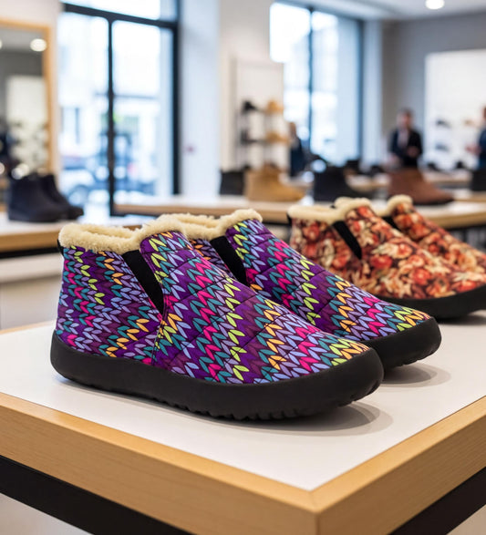 A pair of colorful, patterned boots with fur lining, displayed on a wooden table in a store.