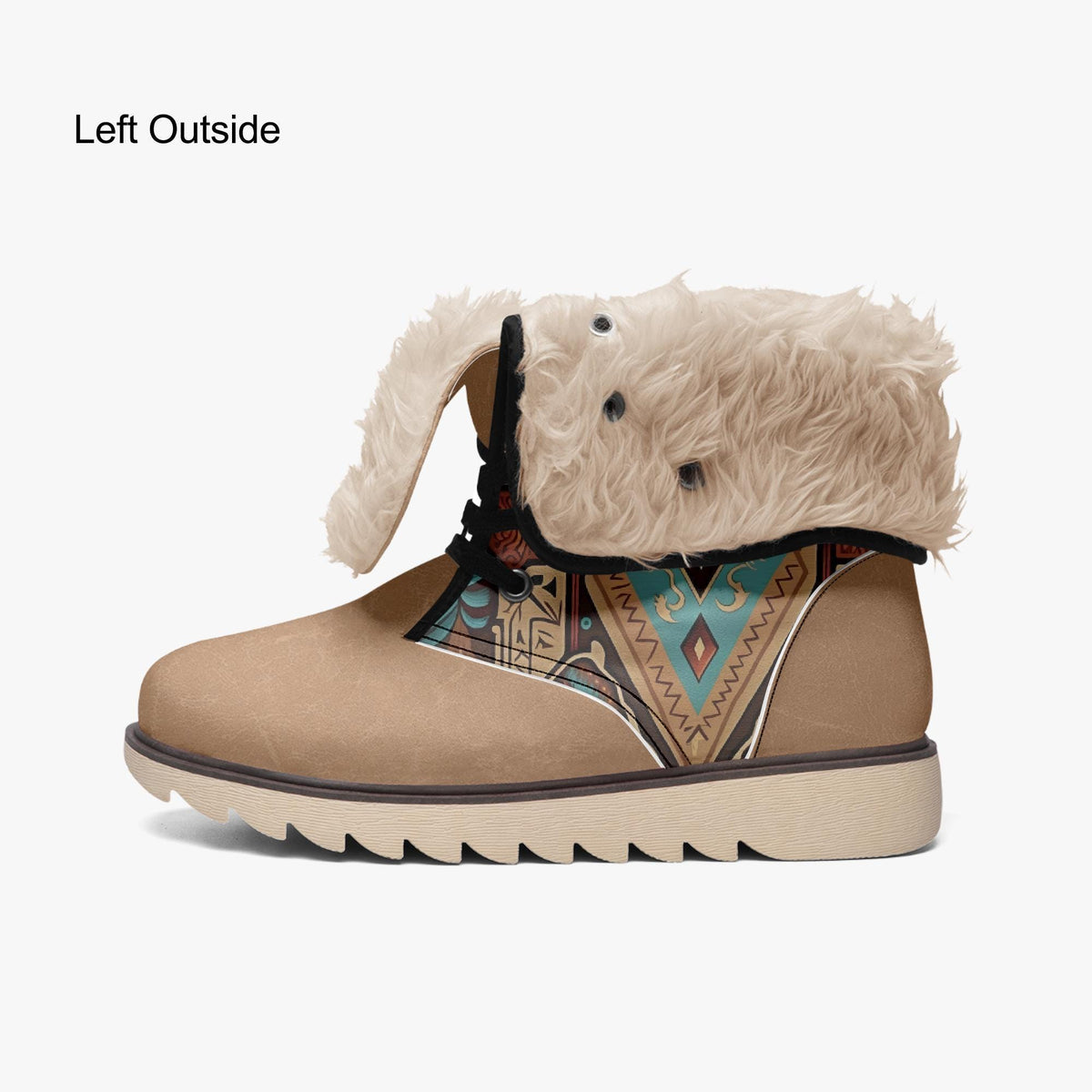 A tan-colored boot with a fur lining and a colorful, patterned design on the side.