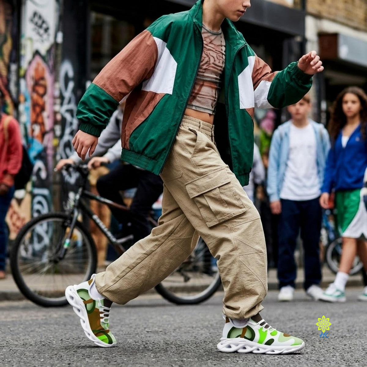 A person wearing a green and brown jacket, khaki cargo pants, and green and white sneakers is walking on a street with graffiti-covered walls in the background.