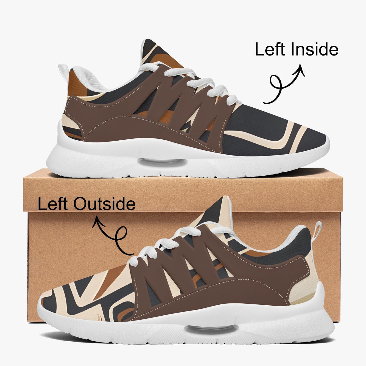 a pair of brown and white sneakers with a patterned design, displayed on top of a cardboard box.