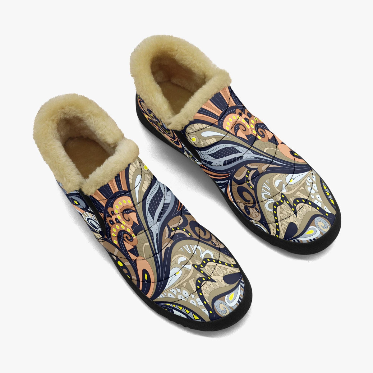 A pair of patterned, colorful boots with fur lining, displayed against a white background.