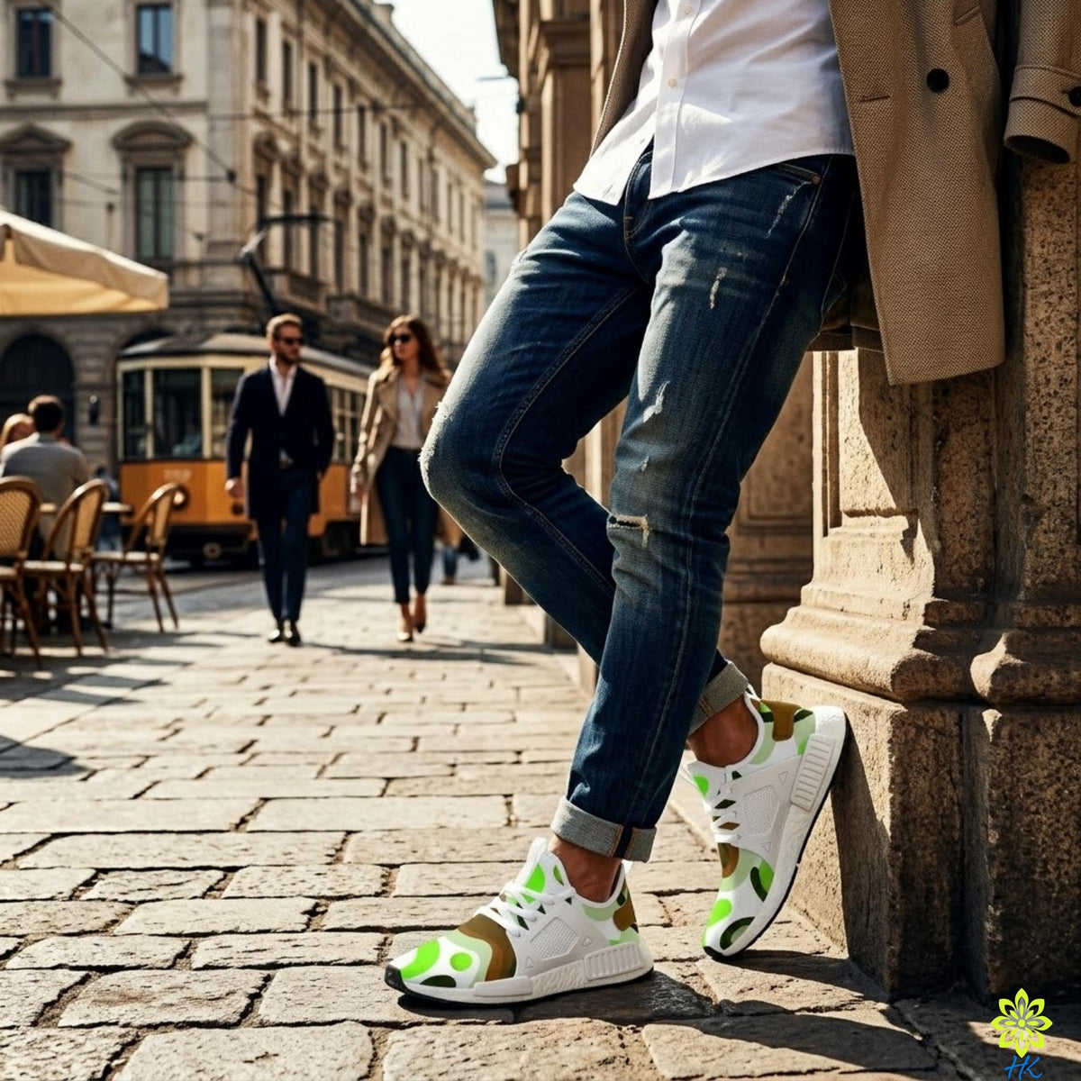 A person wearing blue jeans and green and white sneakers leans against a stone wall on a cobblestone street, with a yellow tram and pedestrians in the background.