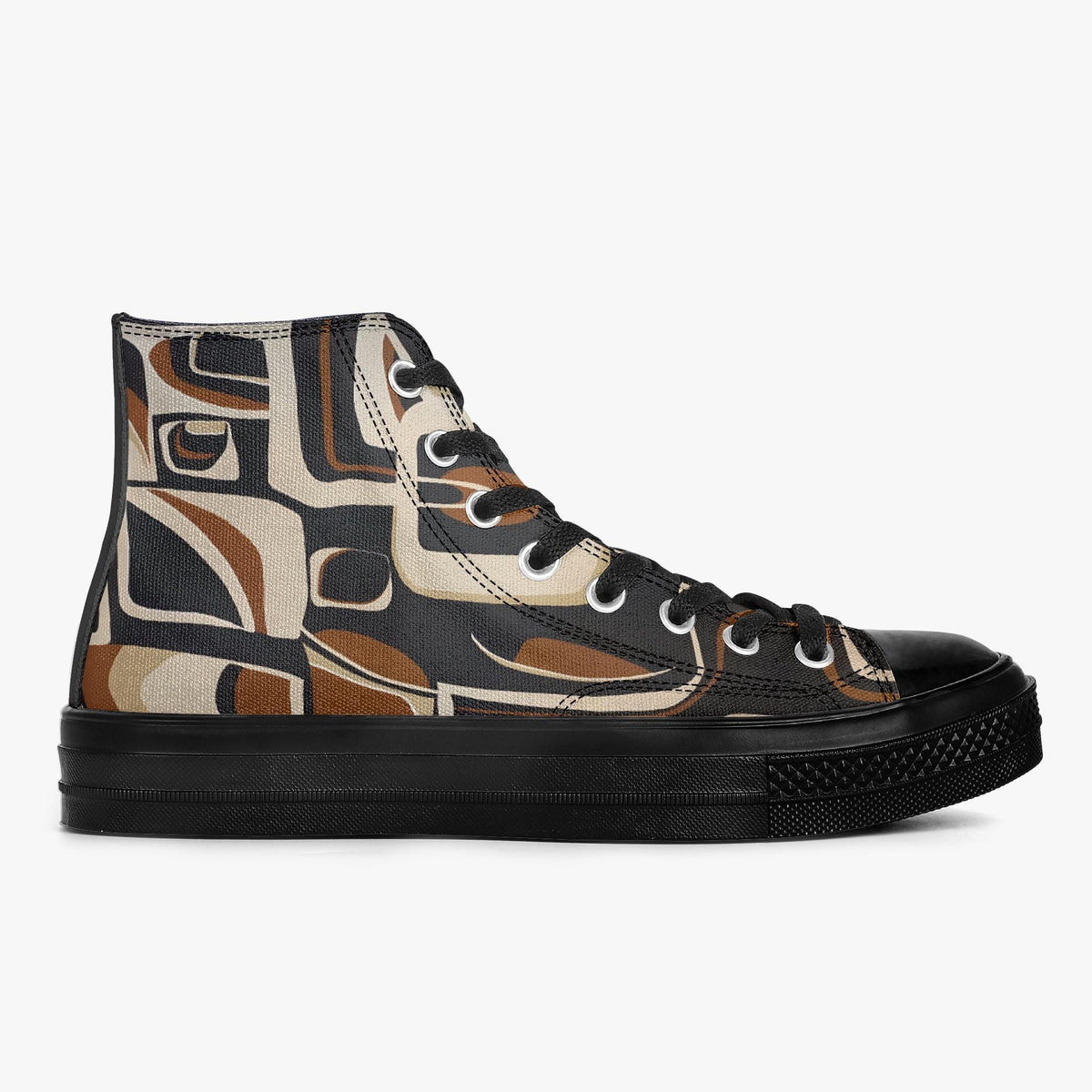 A pair of high-top sneakers with a black and brown abstract pattern on the side.