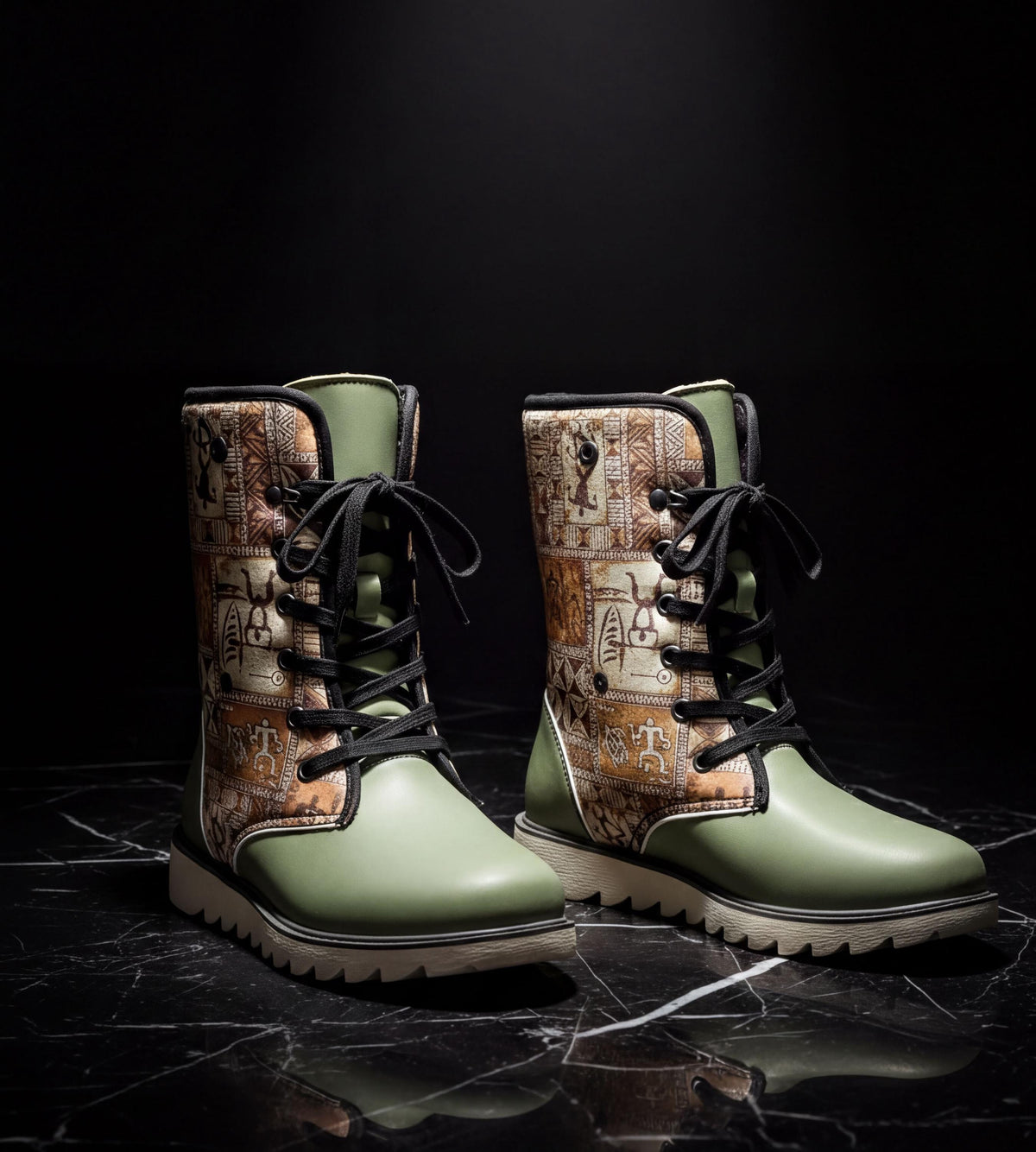 A pair of green and brown patterned boots with laces and soles, displayed on a black marble surface against a dark background.