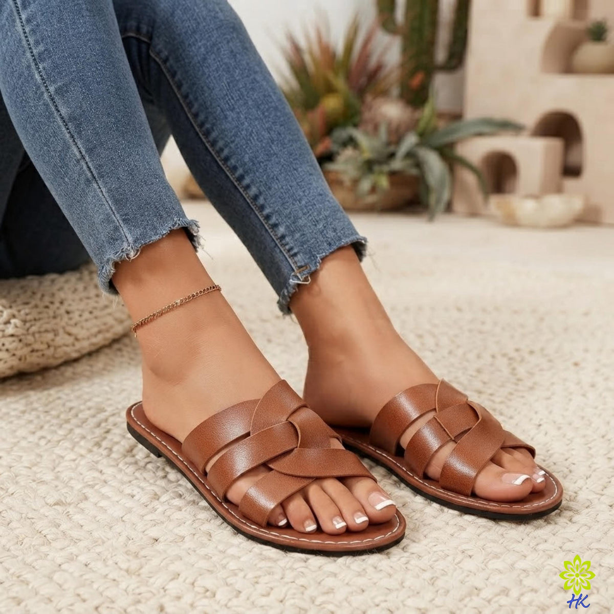 Geflochtene Slide-Sandalen für Damen, Kreuzriemen aus PU-Leder, offene Zehenpartie